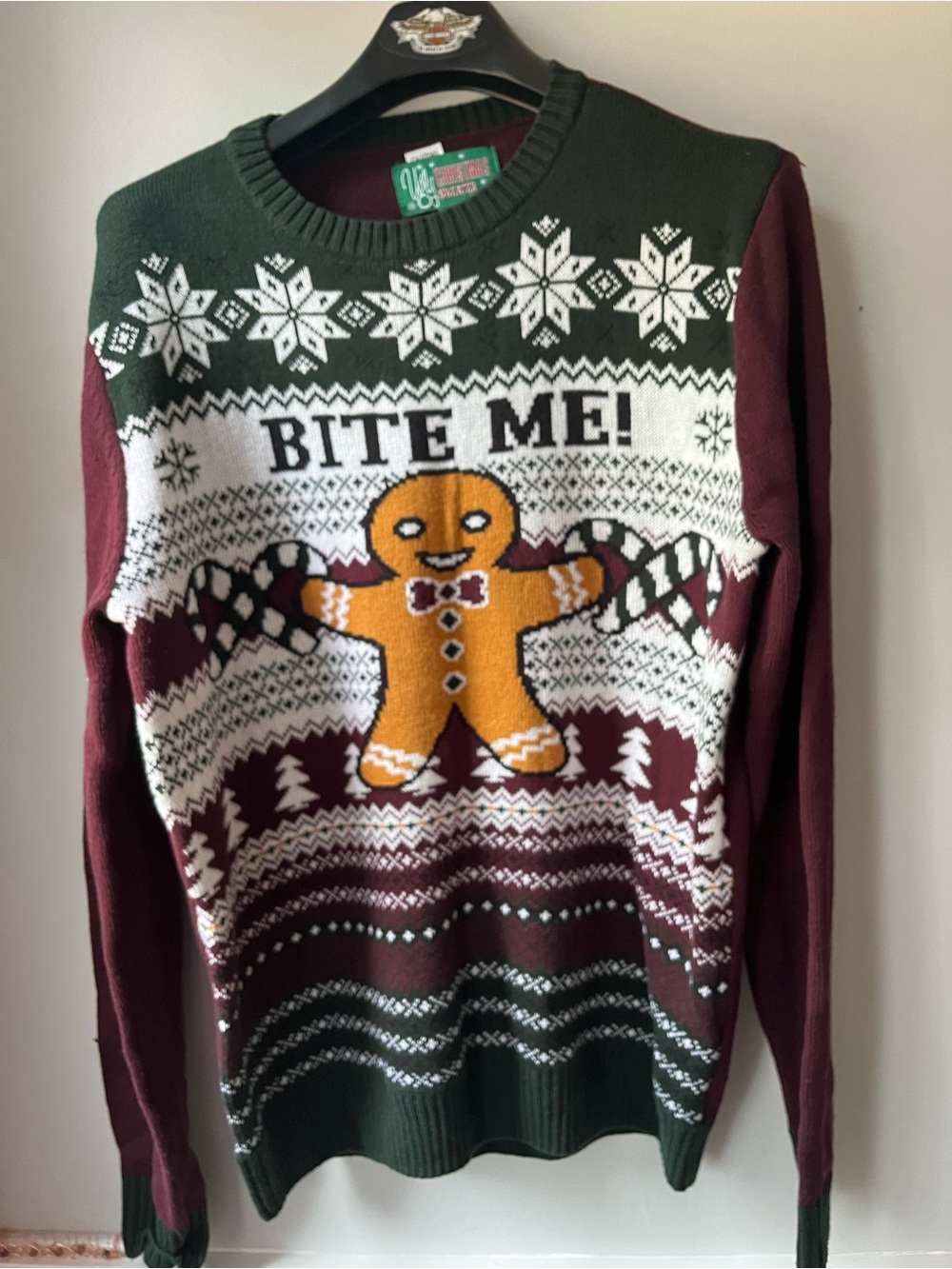 Christmas Men's Maroon & Green Gingerbread 'Bite Me' Holiday Sweater